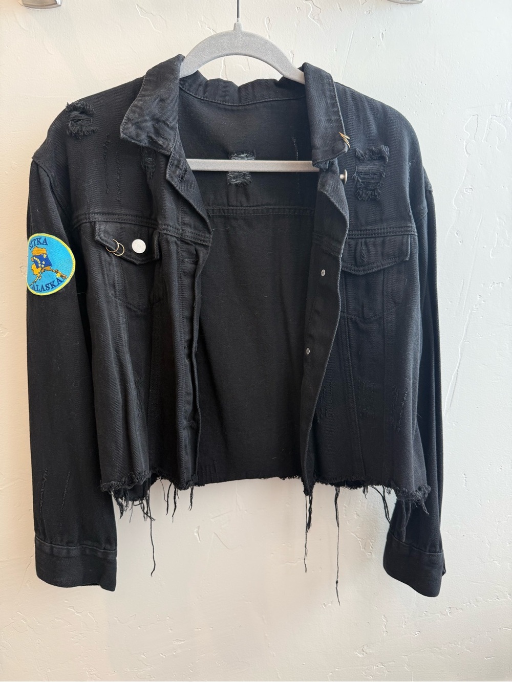 Black Distressed Denim Cropped Jacket